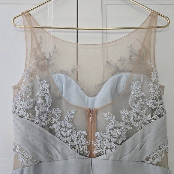 Marchesa Notte Silk Blue Embellished Embroidered Mesh Sheer Panel Detail Gown - Picture 12 of 15